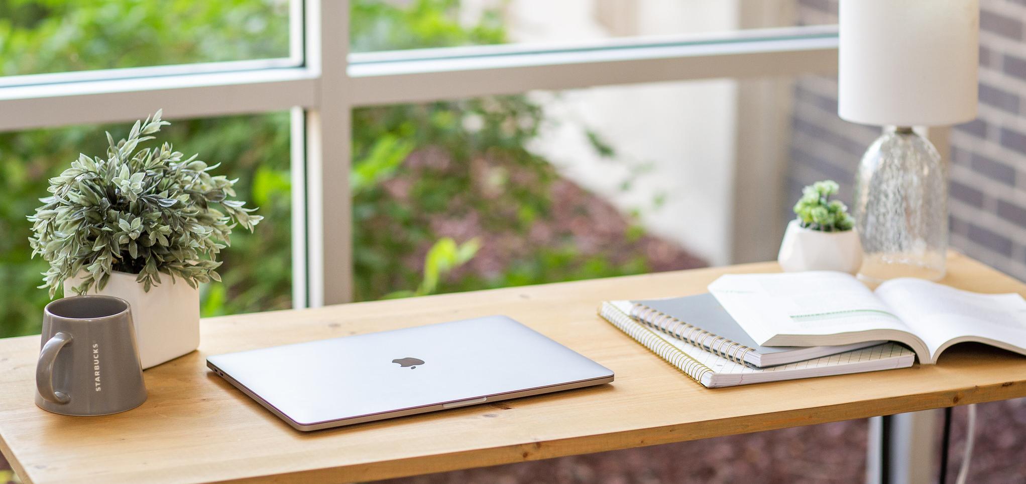 Wood desk with laptop, mug, flower, books, and lamp